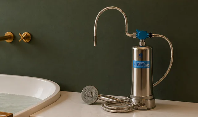 L'Anespa DX installato accanto a una vasca da bagno con il suo soffione doccia portatile
